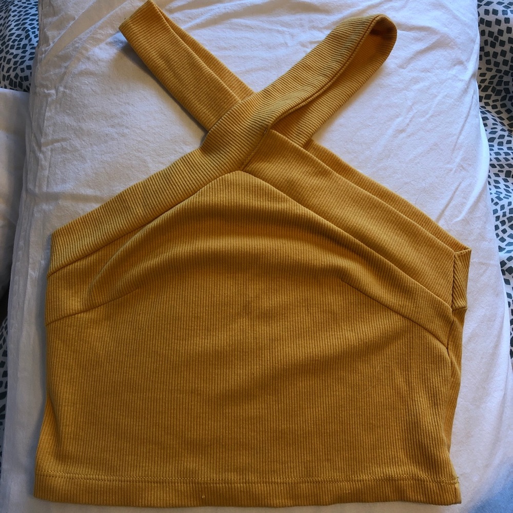 SHEIN Mustard Yellow Ribbed Cross-Front Crop Top